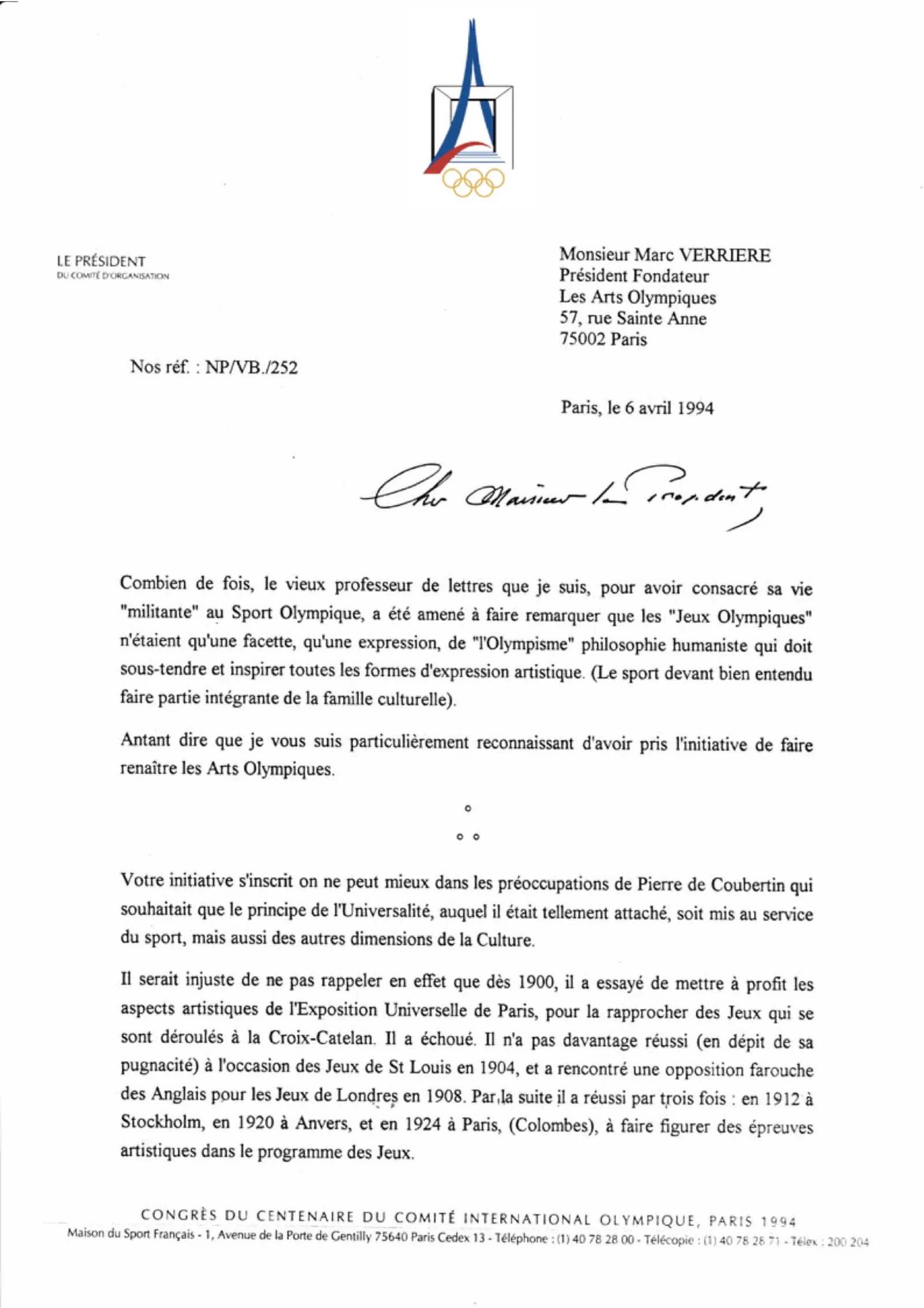 Nelson Paillou’s letter, page 1 of 3, typed text under the letterhead of the IOC Centennial Congress. Full transcription below.