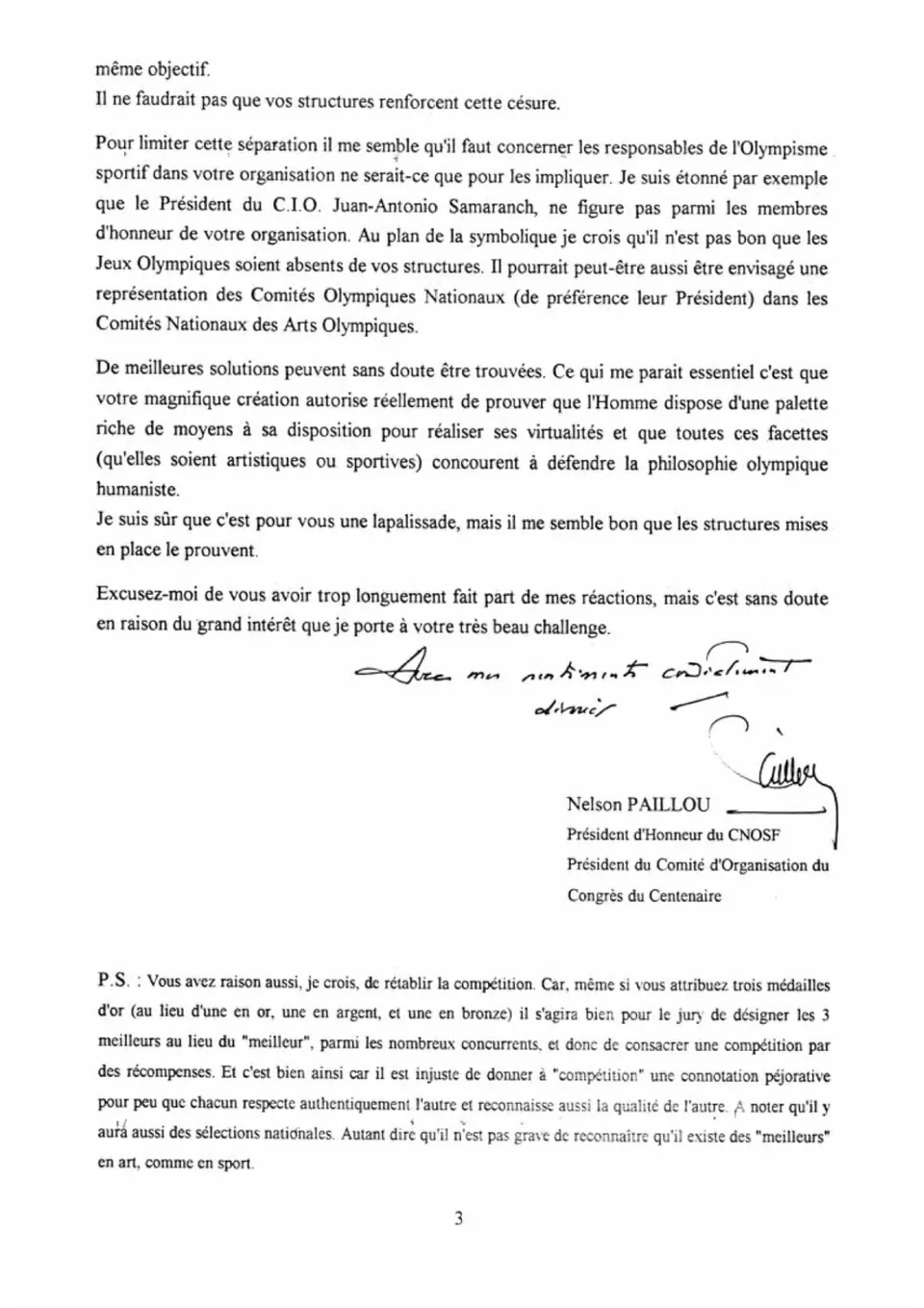 Nelson Paillou’s letter, page 3 of 3, typed text, handwritten closing and signature. Full transcription below.