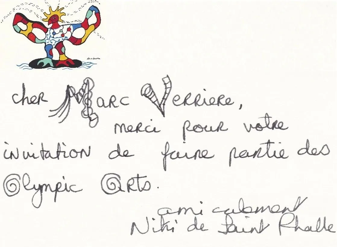 Handwritten card from Niki de Saint Phalle, decorated with her colour drawing of a figure with raised arms, crowned with a sun, on an island surrounded by water. Transcription below.