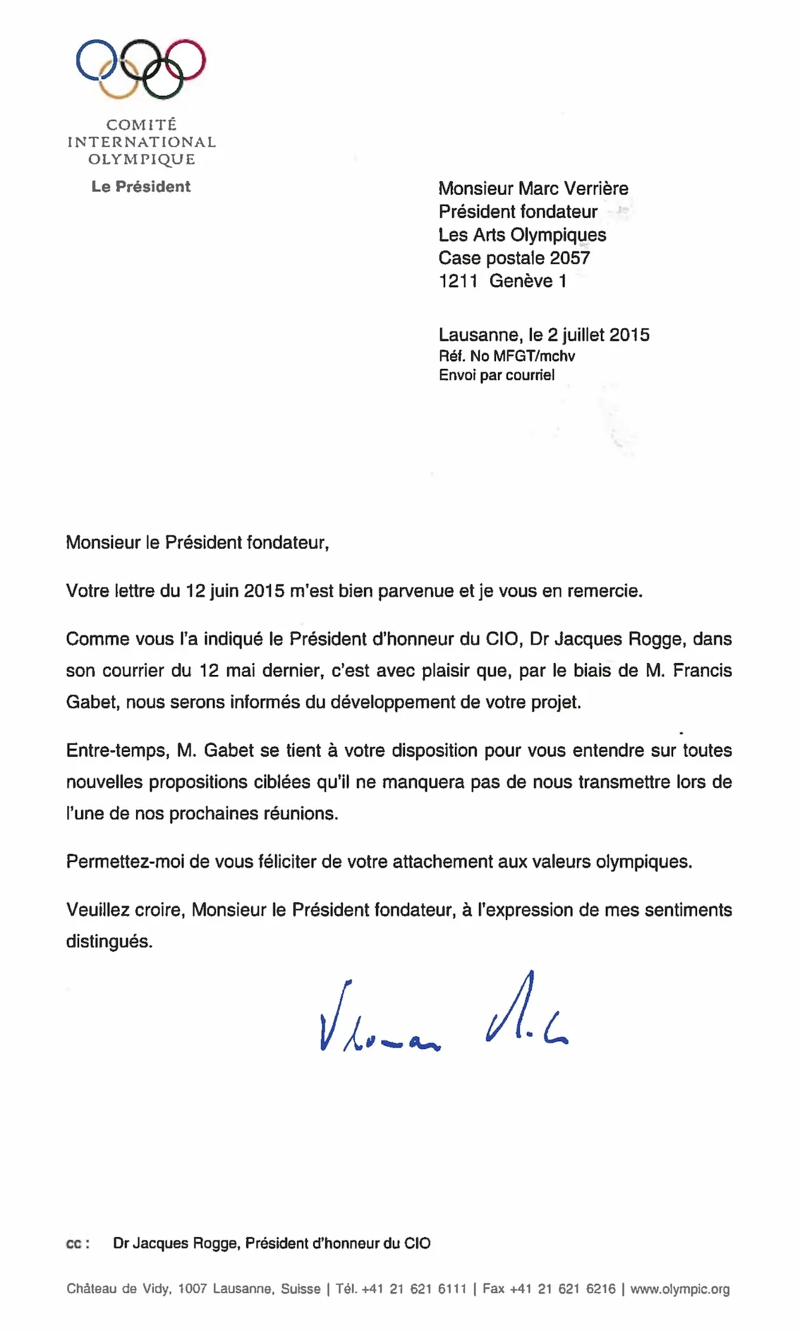 Letter from Thomas Bach on International Olympic Committee letterhead, typed text and signature. Transcription below.