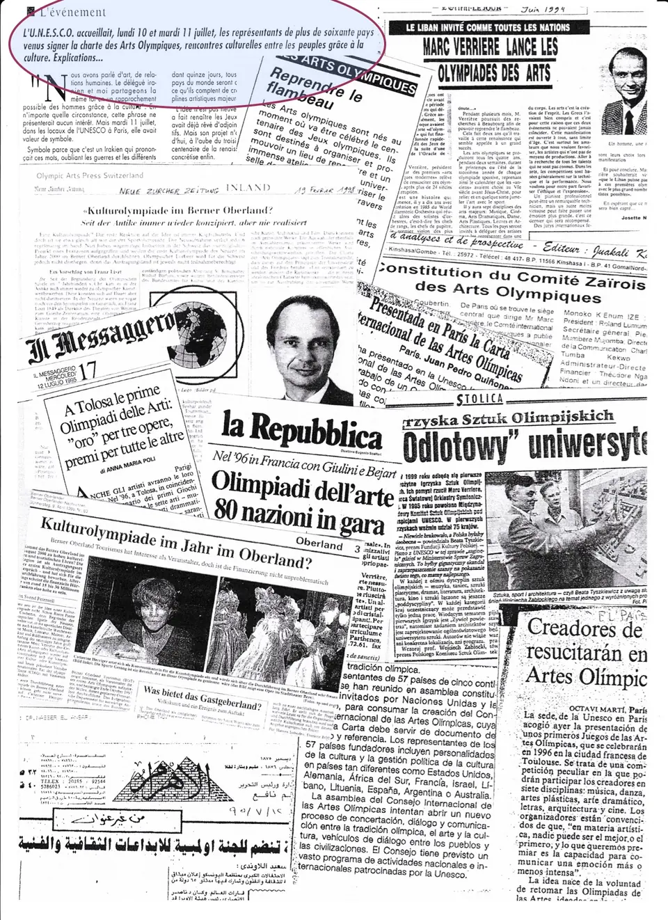 Collage of some twenty press clippings in French, Italian, Spanish, German, Polish and Arabic, with headlines such as “Marc Verrière lance les olympiades des arts” and “Olimpiadi dell’arte, 80 nazioni in gara”.